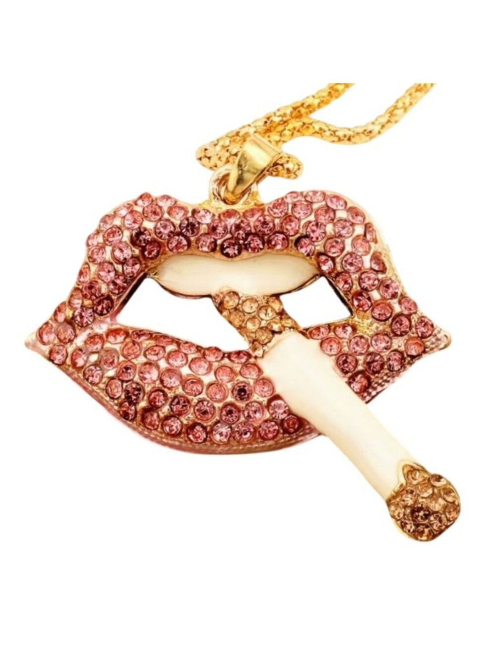 Crystal Lips Pendant Necklace With Cigarette Gold-Tone